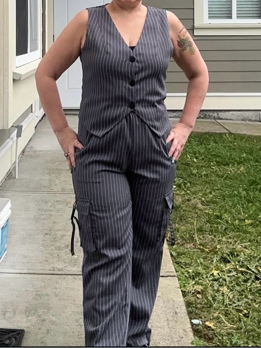 chic Pinstripe Sleeveless Vest Jumpsuit in Charcoal